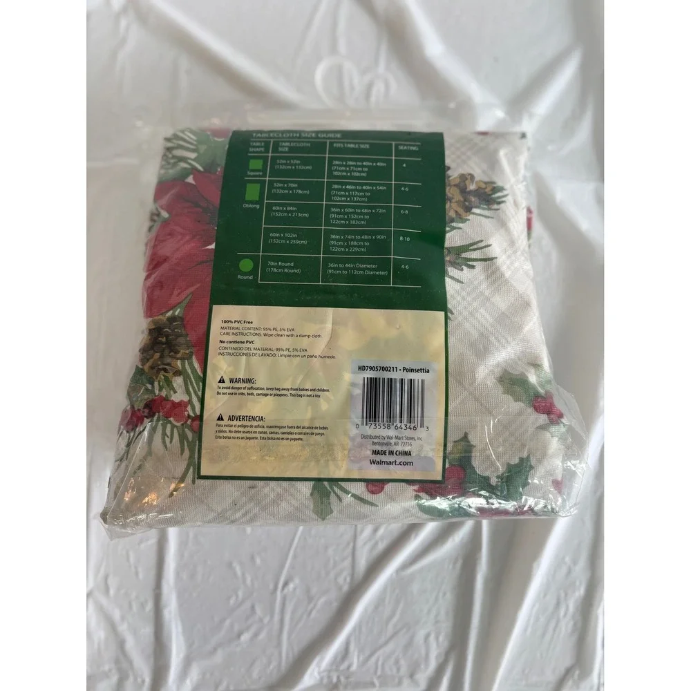 Holiday Time Christmas Poinsettia PEVA Vinyl Tablecloth Oblong 60x84 PVC Free